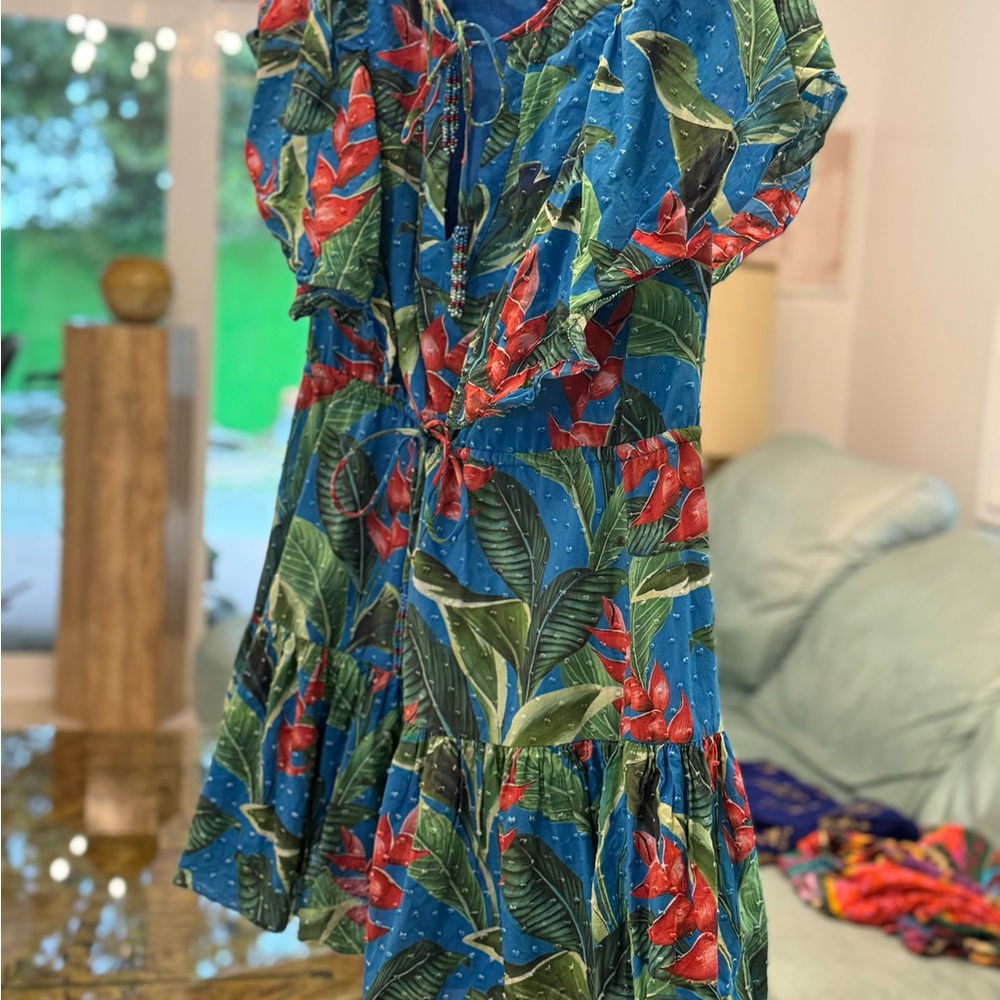 FARM Rio Blue and Red Ruffled Puff Sleeve Sundress
